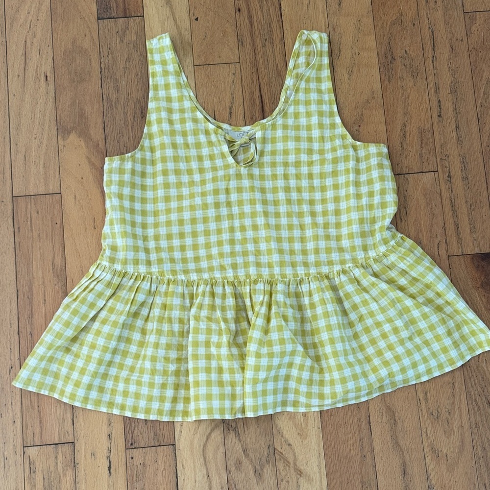 Loft | Yellow Gingham Sleeveless Peplum Top | size M